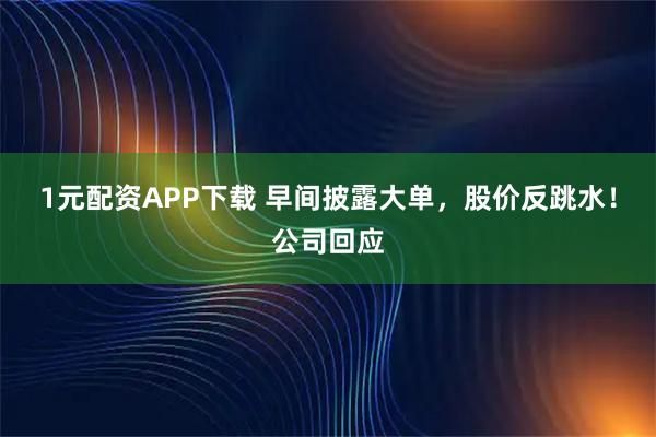 1元配资APP下载 早间披露大单，股价反跳水！公司回应